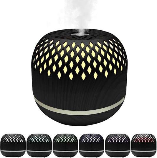 Essential Oil Diffuser 300ml for Home Bedroom, Aromatherapy Oil Diffuser with 3H 6H Timer, 7 Color Light, USB Type-C, Hollow Design, Auto Shut-Off(Dark Woodgrain, Openwork)