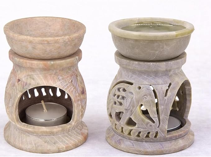 Marble Soapstone Candle Aroma Burner | Oil Diffuser | Tea Light Holder | Wax Burner- Handmade Elephant Carving for Gifting. Decorative Home and Office Decor.