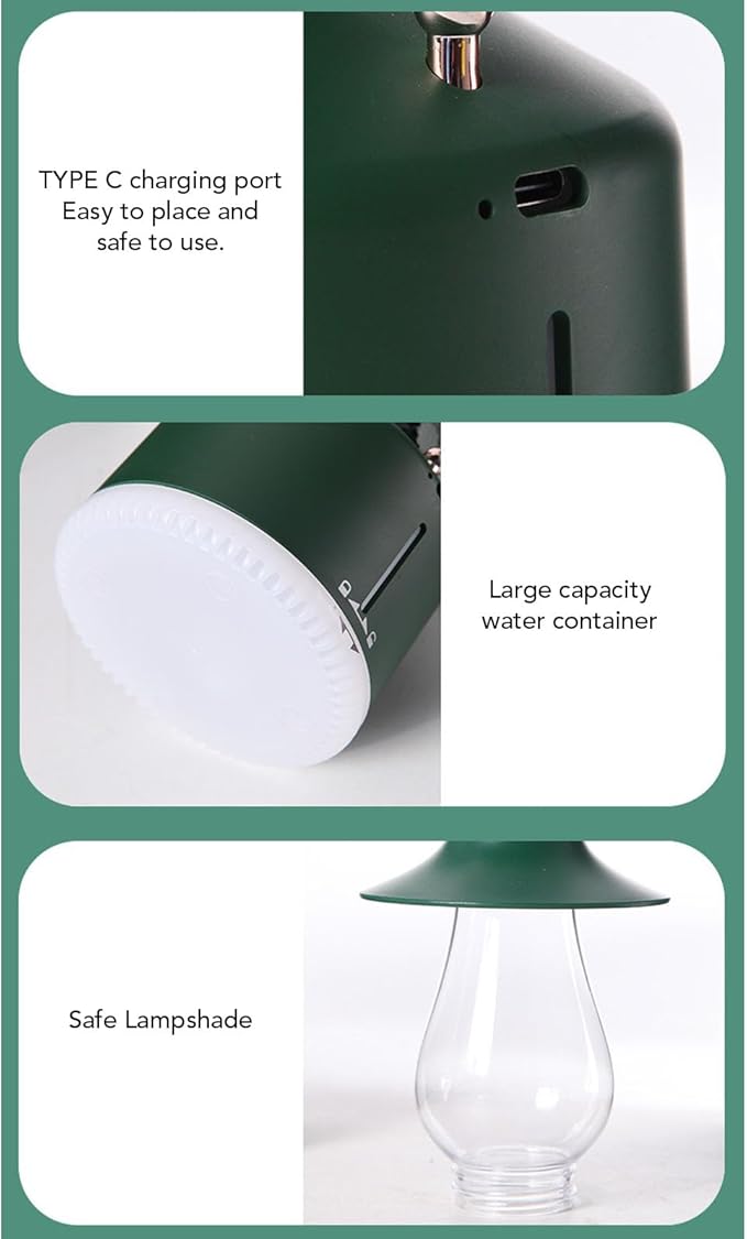 Vintage Humidifier, Essential Oil Diffuser, USB Rechargeable, Portable Lamp Humidifier, for Home Bedroom Camping (Green)