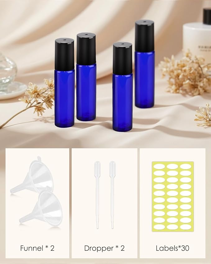 Worldgsb 12 Pack Essential Oil Roller Bottles, 10ml Refillable Glass Roller Bottles with Stainless Steel Roller Balls and Caps for Travel, Perfume and Lip Gloss Blue