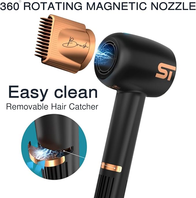 Supreme Trimmer Hair Dryer Negative Ion 110,000 RPM | Fast Drying & Low Noise Blow Dryer 1400W Brushless Motor | Magnetic Attachments, 3 Heat & 3 Speed Settings + Cool Shot | SHD347 Black