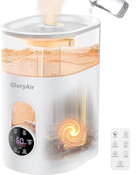 Humidifiers for Bedroom Large Room Home - GloryAir 6L Quiet Top Fill Cool & Warm Mist Humidifier with Smart Humidity Control, Remote Control, 7-Color Light, Humidistat, Oil Diffuser