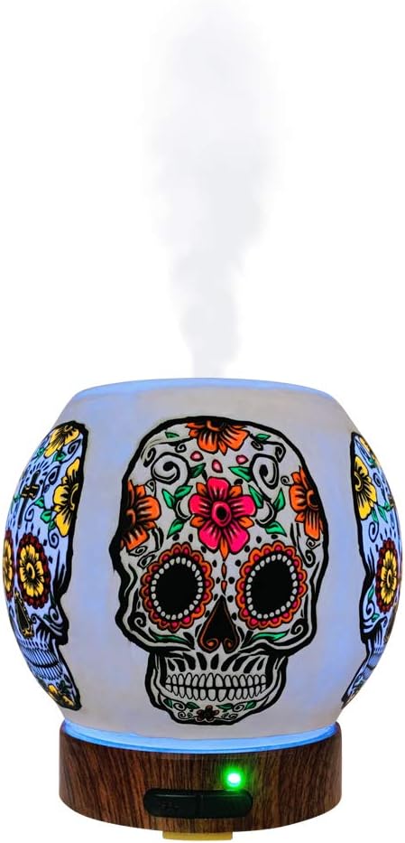 Essential Oil Diffuser Ultrasonic Handcrafted 120ml Aroma Essential Oil Cool Mist Humidifier with Adjustable Mist Mode, Auto Shut-Off and 7 Color LED Lights Changing (Sugar Skull)