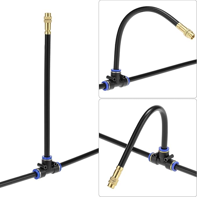QWORK Brass Misting Nozzles Tee with 8" Built-in Hose, 5 Pack Brass Water Mister Nozzles Thread Sprayer 0.043", 360° Adjustable Rotation, Energy Efficient with Easy Installation