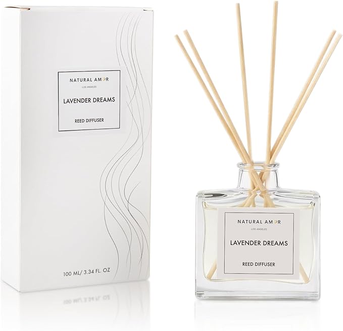 Natural Amor Lavender Reed Diffuser Set, 3.38 fl oz Scented Diffuser with Sticks Home Fragrance Reed Diffuser for Bathroom Shelf Bedroom Living Room