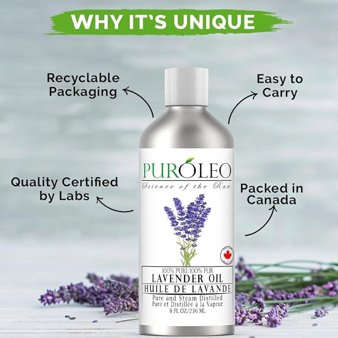 PUROLEO Lavender Essential Oil 8 Fl Oz/236 ML (Packed in Canada) 100% Pure Natural Undiluted for Aromatherapy, Aromatherapy Oil for Sleep, Relaxation Bulgaria France Oil Diffuser