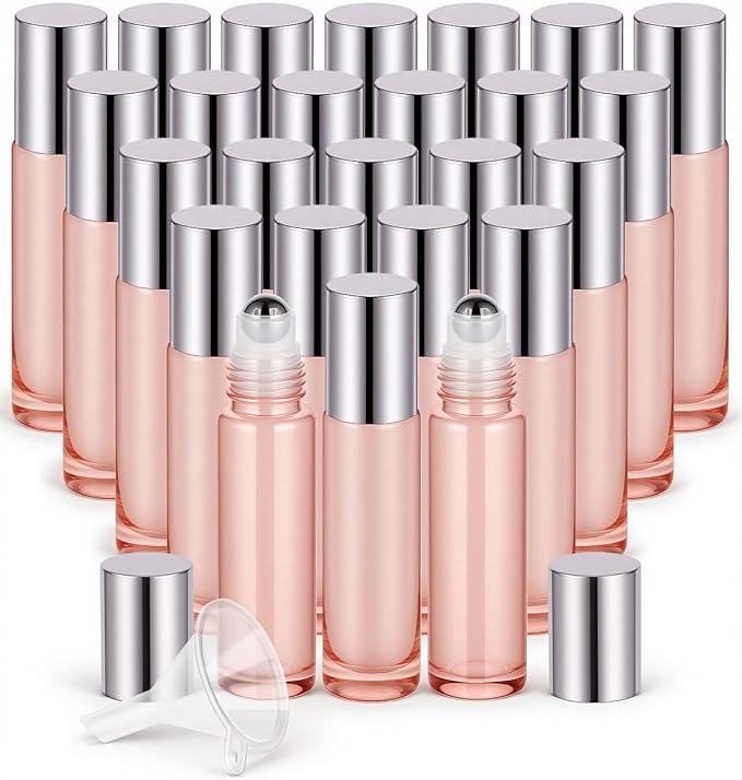 Worldgsb 25 Pack Essential Oil Roller Bottles, 10ml Refillable Glass Roller Bottles with Stainless Steel Roller Balls and Caps for Travel, Perfume and Lip Gloss Rose Gold