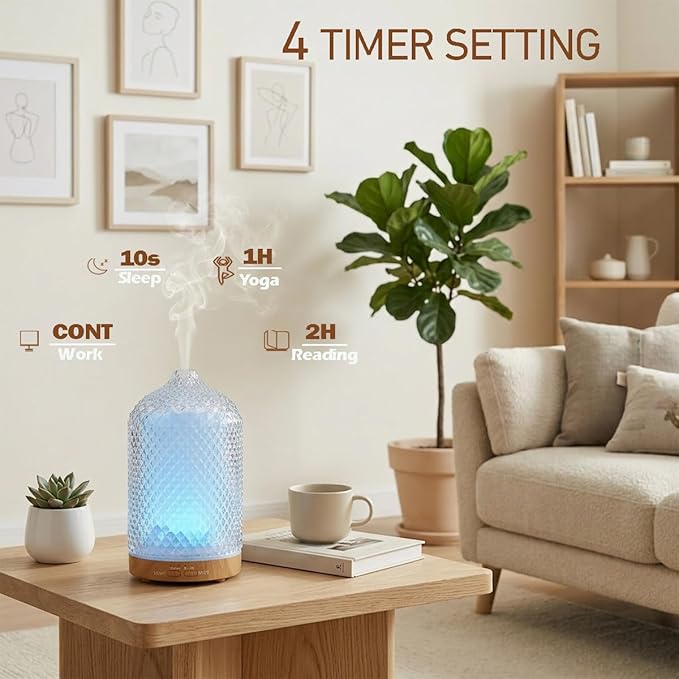 Diffuser with 3 Essential Oils,Glass Aroma Diffusers,200ml Small Humidifier with Timer,7 ED Color Lights,Waterless Auto Shut-Off for Office Home Room Decor Gifts for Women