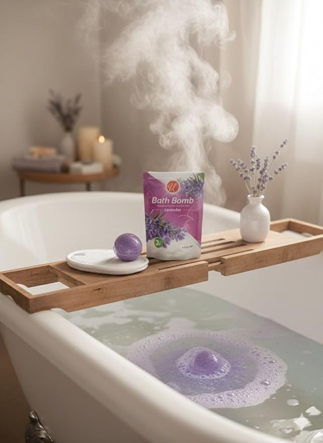 Lavender Bath Bombs 3 Pack with Exfoliating Sponge, Relaxing Aromatherapy Fizz for Men and Women, Spa Gift Set for Self Care, Skin Softening Essentials for Stress Relief and Home Bath Relaxation