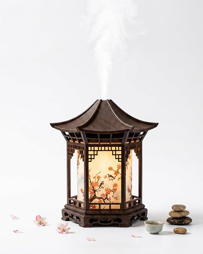Zen Pavilion Lantern Aroma Diffuser & Night Light for Desk with 2 Mist Modes & LED Warm/White Light, 160ml Zen Office Decor USB Personal Humidifier for Yoga, Meditation, Spa & Sleep (Dark)