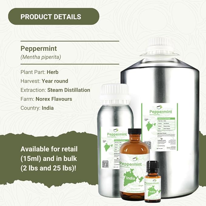 Peppermint Essential Oil - Direct from Norex Flavours India - Steam Distilled - Aceite Esencial de Menta for Aromatherapy, Massage, Diffuser, DIY Candle and Soap Making - 2lbs