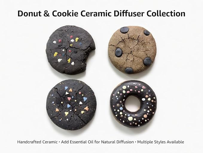 Handmade Ceramic Cookie Shape Passive Diffuser for Essential Oils, Aromatherapy Home Office Car Decor, Natural Clay, Round, Assorted Colors (1, Doughnut)