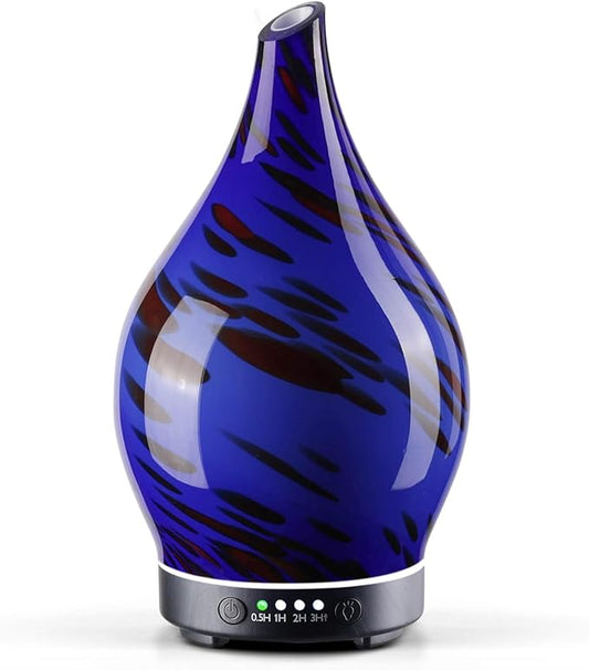 Porseme Essential Oil Diffuser Hand-Blown Glass Aroma Diffusor, Aromatherapy Unltrasonic Cool Mist deffuser, 7 Color Changing, Waterless Shut-Off, Timer Function for Home Office(150ml, Cobalt Blue)