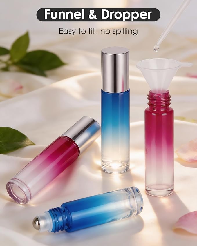 Worldgsb 12 Pack Essential Oil Roller Bottles, 10ml Refillable Glass Roller Bottles with Stainless Steel Roller Balls and Caps for Travel, Perfume and Lip Gloss Blue-Red Gradient