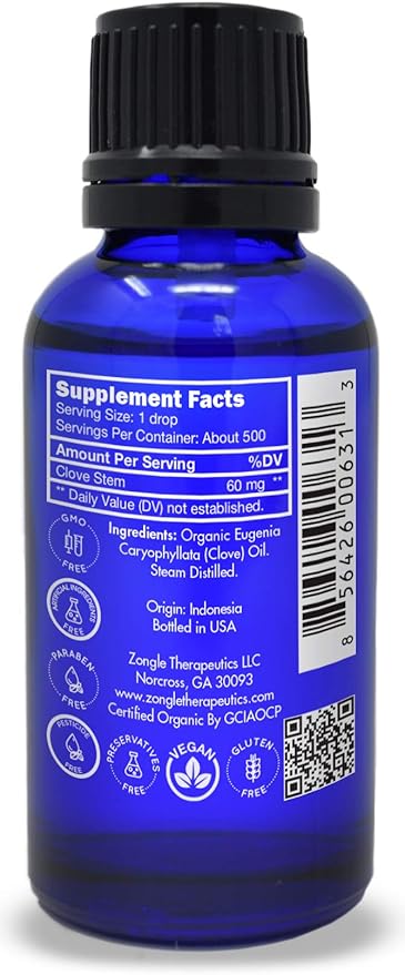 Organic, Clove Oil, Food Grade, for Teeth and Gums, Tooth Aches – 100% Pure, Clove, Bud, Essential, Oil, by Zongle Therapeutics, 1 OZ