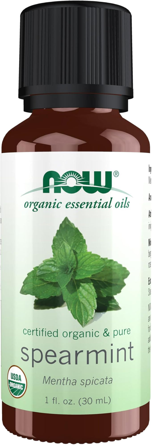 NOW Essential Oils, Organic Spearmint Oil, Stimulating Aromatherapy Scent, Steam Distilled, 100% Pure, Vegan, Child Resistant Cap, 1-Ounce
