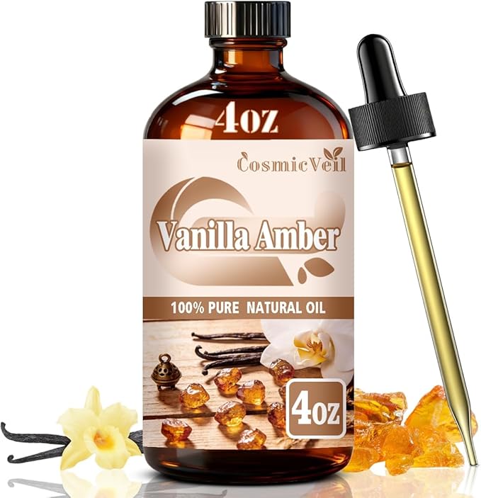 Vanilla Amber Essential Oil for Aroma Diffuser,Humidifier,Home Fragrance,Cleaning,Body Care,Massage,Yoga,DIY Candle,DIY Soap CosmicVeil（Vanilla Amber，4 Fl Oz (Pack of 1)）