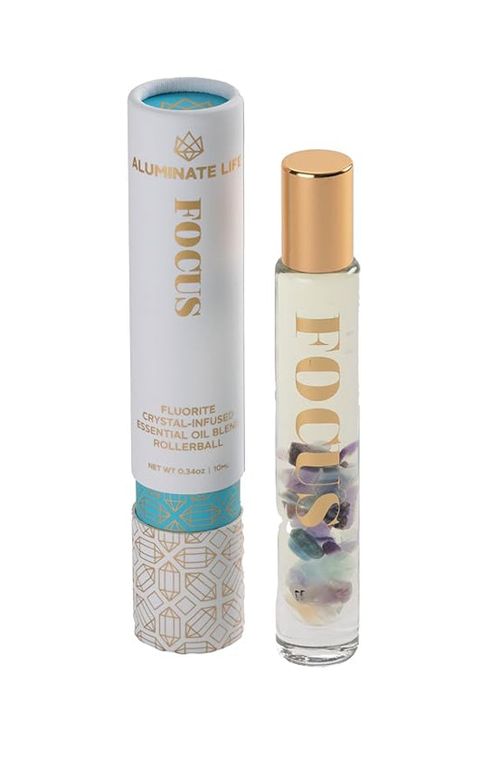 Essential Oil Rollerballs, .34 OZ, Focus - Fluorite Crystal Infused - Scents of Orange, Ginger, Ylang-ylang, & Lavender - Aromatherapy Roll On Oils, Skin Care, Massage