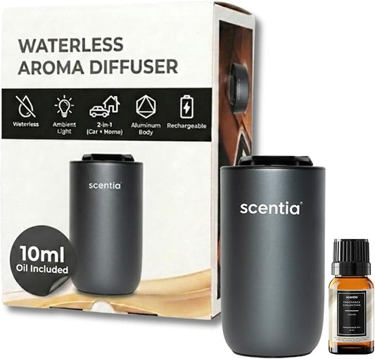 Scentia MiniPod Black Waterless Diffuser for Essential Oil, Smart Car Air Freshener with 3 Mist Levels & 3 LED Light Colors, Auto On/Off Rechargeable, Portable Scent Air Machine