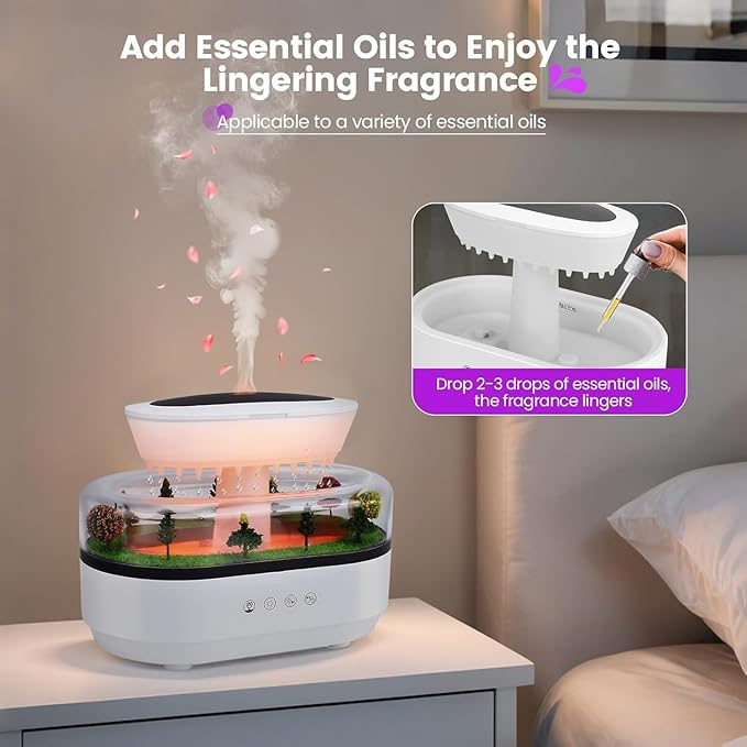 Essential Oil Diffuser 250ML Air Humidifier with 7-Color Adjustable LED Ambient Light,Water Drip Sound,Micro Landscape,Ultrasonic Quiet Mist,Ideal for Bedrooms,Offices & Plants (White)