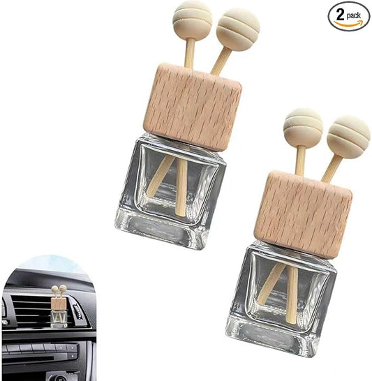 2 PCS Car Air Vent Diffuser Clips, Refillable Empty Glass with Wooden Cap, Straight Outlet Diffuser Ornament with Secure Back Clip, Universal Decorative Accessory for Cars (Transparent)