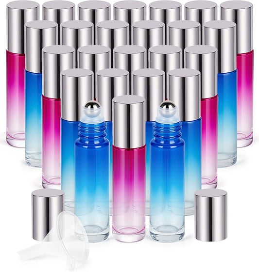 Worldgsb 25 Pack Essential Oil Roller Bottles, 10ml Refillable Glass Roller Bottles with Stainless Steel Roller Balls and Caps for Travel, Perfume and Lip Gloss Blue-Red Gradient