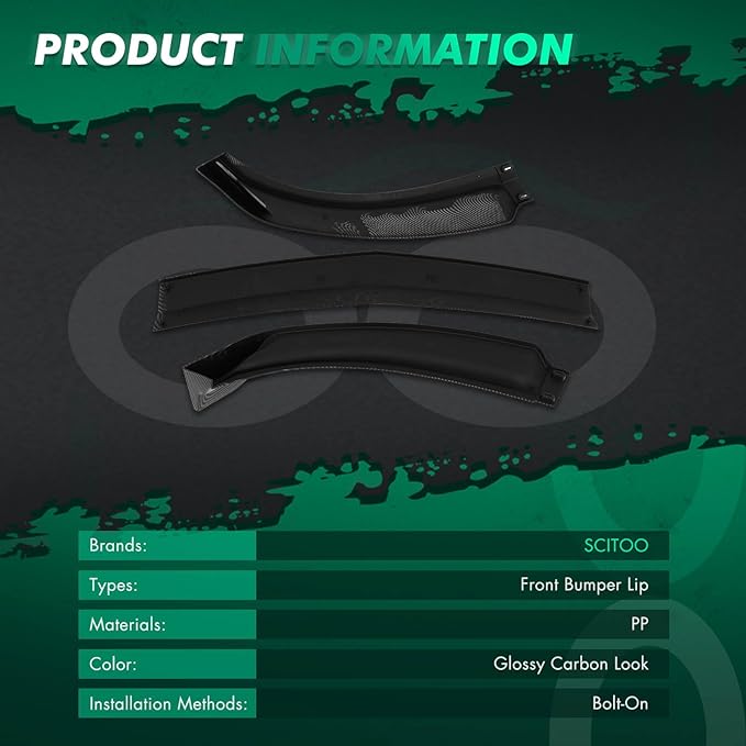 SCITOO 3PCS Front Bumper Lip Compatible for 2007-2009 for Infiniti G35 G37 Sedan Front Lip Spoiler Glossy Carbon Look (PP) Plastic Air Dam