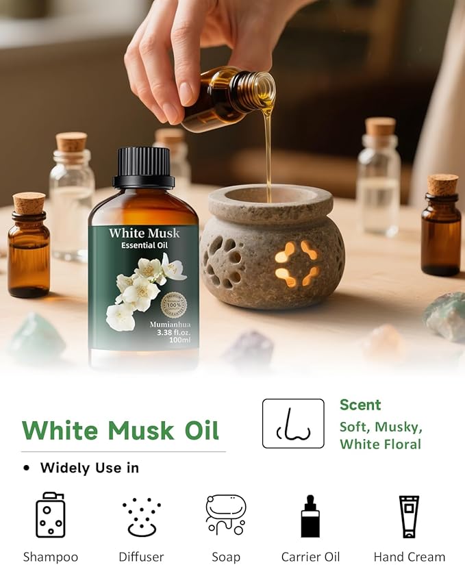 White Musk Essential Oil, Pure White Musk Oil Mumianhua Aromatherapy White Musk Fragrance Oil for Diffuser, Skin & Body Care, Women & Men, Natural Perfume & Candle Making 3.38 Fl Oz