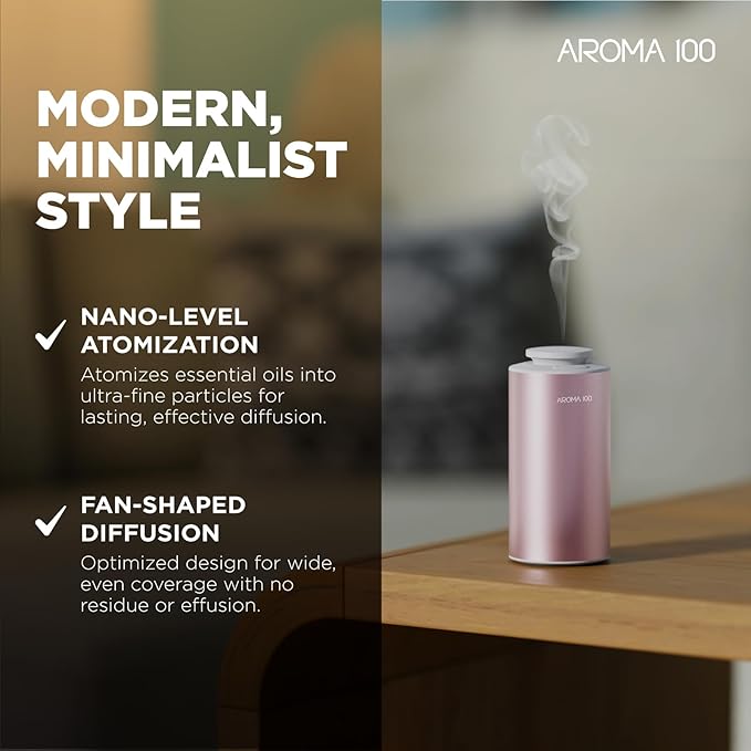 Waterless Diffuser for Essential Oil, 500sq.ft Coverage Battery Operated Nebulizer Rechargeable Mini Scent Diffusers for Home Cars Room Office 3 Timers & 3 Mist Levels (Rose Gold)