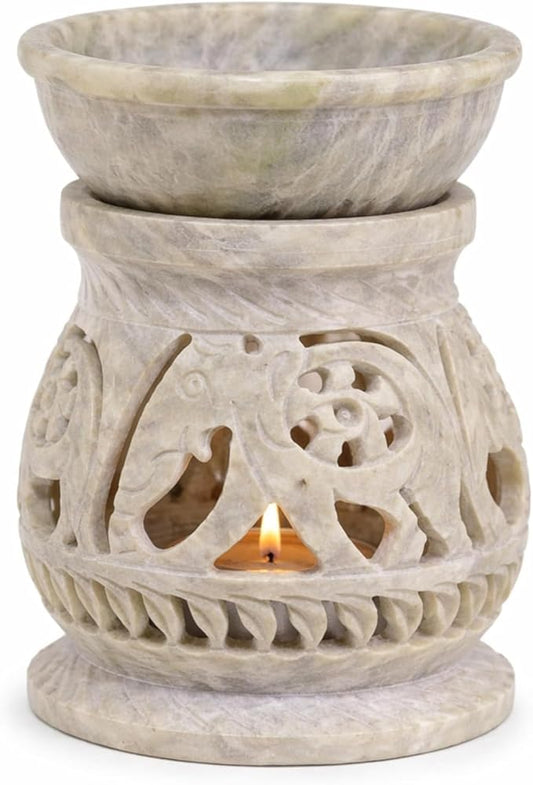 Marble Soapstone Candle Aroma Burner | Oil Diffuser | Tea Light Holder | Wax Burner- Handmade Elephant Carving for Gifting. Decorative Home and Office Decor.