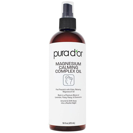PURA D'OR Magnesium Calming Complex Oil Spray, 16 Oz, Topical Magnesium Chloride Mist with Aloe Vera, Lavender, Chamomile, Ylang Ylang, Lightweight Water-Based Body Care Formula, Vegan, Non-Greasy