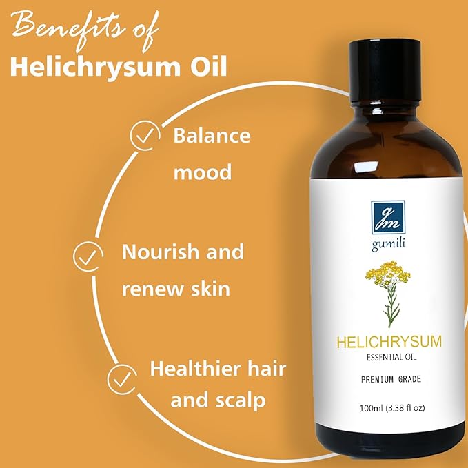GM Gumili Helichrysum Essential Oil, 100% Pure Helichrysum Oil for Skin, Bruising, Body, Spray & DIY- 100ml