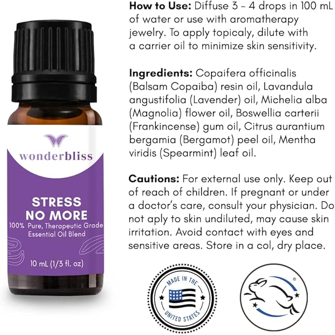 Stress NO More Stress Relief Essential Oil Blend for Diffuser - Calming, Improve Mood, Keep Focus - Aromatherapy Copaiba, Magnolia Flower (10ml)
