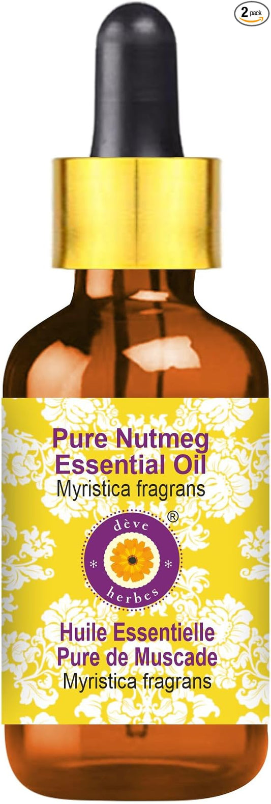 Deve Herbes Pure Nutmeg Essential Oil (Myristica fragrans) with Glass Dropper Steam Distilled 10ml (0.33 oz)