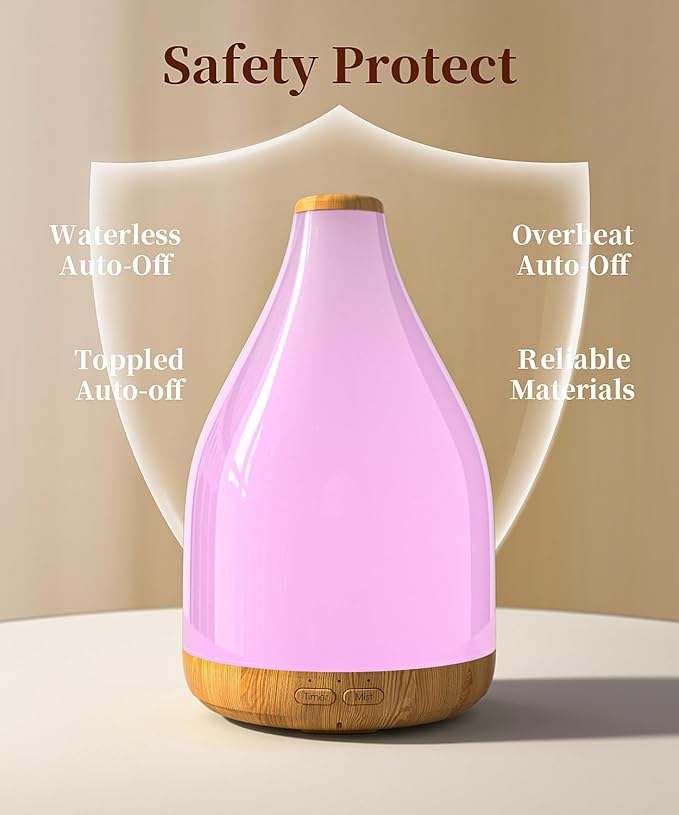 300ML Essential Oil Diffuser, Quiet Aromatherapy Diffuser Mist Humidifier with 7 Colors Light, Auto-Off, 1H/3H/6H Timer, Ultrasonic Room Scent Diffuser for Home, Office, Brown (No Remote)