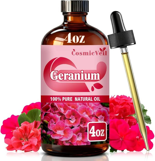 Geranium Essential Oil Geranium Oil for Aroma Diffuser,Humidifier,Home Fragrance,Cleaning,Body Care,Massage,Yoga,DIY Candle,DIY Soap CosmicVeil（Geranium，4 Fl Oz (Pack of 1)）