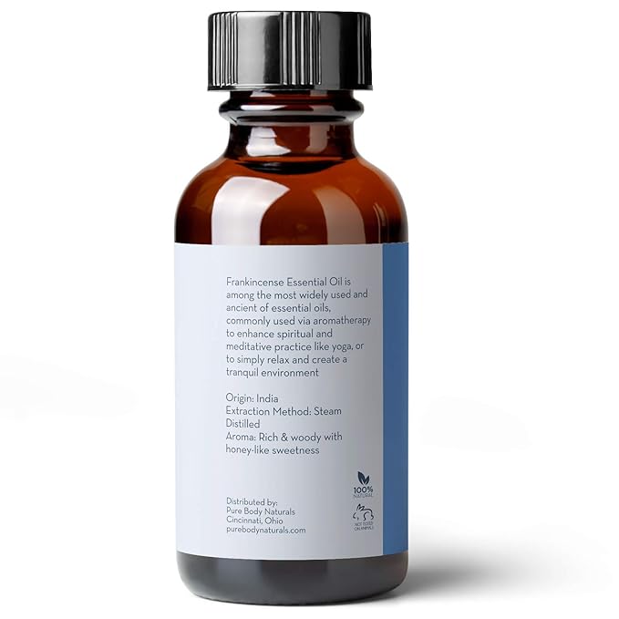 Pure Body Naturals Frankincense Essential Oil, 1 fl oz - Pure and Undiluted Therapeutic Grade - for Diffuser and Skin, Meditation and Yoga - Includes Glass Dropper