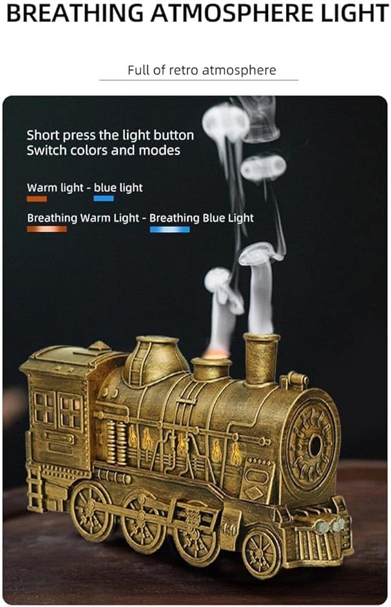Vintage Steam Train Essential Oil Diffuser 300ML — Train-Shaped Aromatherapy Humidifier with Dual-Color LED, 2 Mist Modes, Auto Shut-Off, Ultra-Quiet — Home Office Bedroom (Bronze)