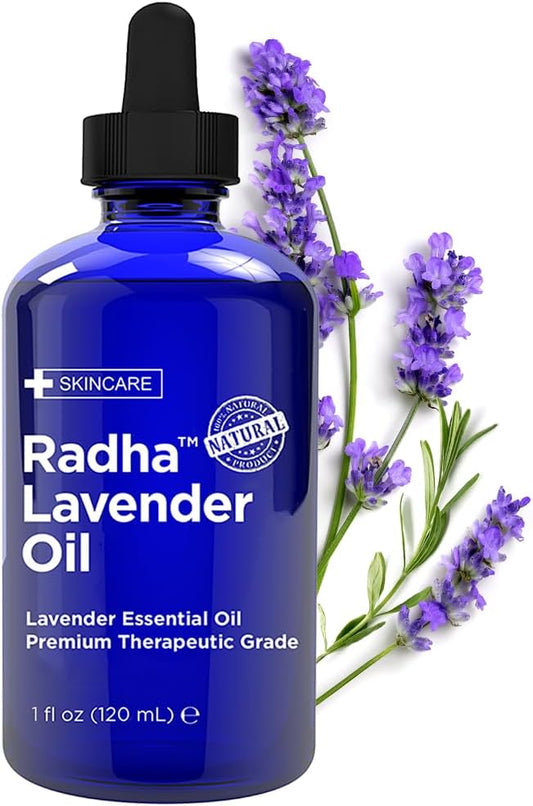 Radha Beauty Lavender Essential Oil 4 oz. - 100% Natural & Therapeutic Grade, Steam Distilled for Aromatherapy, Relaxation, Sleep, Laundry, Stress & Anxiety Relief, Meditation, Massage, Headaches