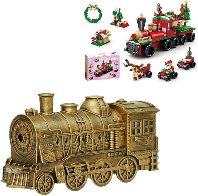 300ML Vintage Steam Train Arom Essential Oil Diffuser RC Humidifier with 270PCS Christmas Train Building Blocks/2-Color LED Light/2 Mist Modes/Standard US Power Supply, Home Decor