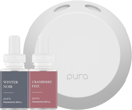 Pura Smart Home Fragrance Device Starter Set - Pura 4 - Scent Diffuser for Home - Includes Fragrance Aroma Diffuser - Square Box, Winter Noir and Cranberry Fizz Scent Refills