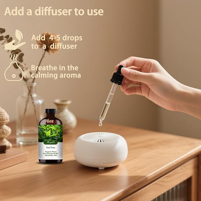 Tea Tree Essential Oil – MLYNKL Tea Tree Oils 4.33 fl oz for Diffusers, Humidifiers, Massage, DIY Candles, Soap, Cleaning, Home, Yoga, Office, Gifts - 130 ml