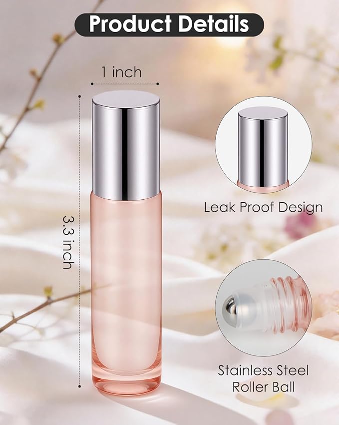 Worldgsb 25 Pack Essential Oil Roller Bottles, 10ml Refillable Glass Roller Bottles with Stainless Steel Roller Balls and Caps for Travel, Perfume and Lip Gloss Rose Gold