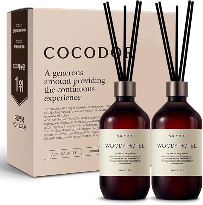 COCODOR Premium Reed Diffuser/Woody Hotel /16.9oz /2 Pack/Large Capacity Fragrance Scent Oil Stick Diffuser Set for Bedroom Bathroom Home Décor
