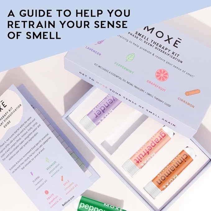 MOXĒ Smell Training Kit, Made in USA, Scent Diversification, 4 Essential Oil Fragrances, Olfactory Regeneration, Smell Expansion, Natural Therapy for Smell Loss, Includes Guidebook & Log (Phase 2)