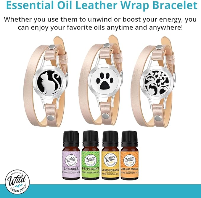 Wild Essentials MOM Essential Oil Leather Wrap Bracelet Diffuser Kit, Gift Set, Lavender, Lemongrass, Peppermint, Orange Oils, 12 Pads, Customizable Color Changing Perfume Jewelry, Aromatherapy