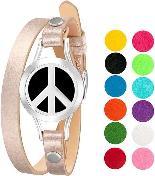 Wild Essentials Peace Sign Essential Oil Bracelet Diffuser, Leather Wrap Band, Stainless Steel Locket Pendant, 12 Color Refill Pads, Customizable Color Changing Perfume Jewelry for Aromatherapy
