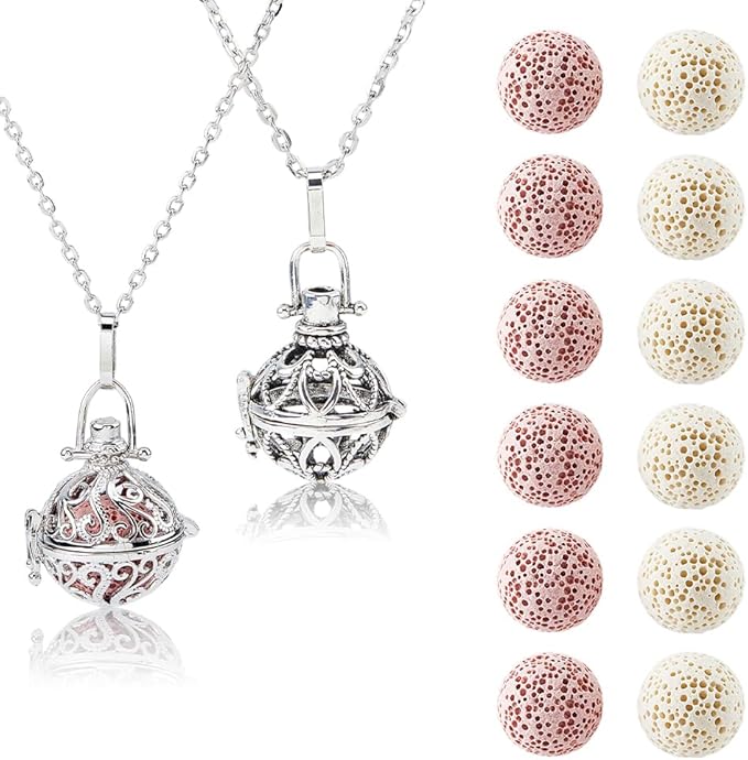 SUPERFINDINGS 2 Styles Aromatherapy Necklace Essential Oils Diffuser Locket Pendant with 12pcs Lava Rock Aromatherapy Pendant Diffuser Necklace Locket Necklaces Essential Oil Jewelry Gift