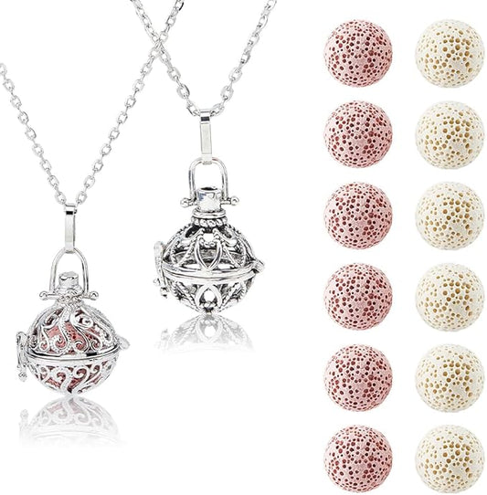 SUPERFINDINGS 2 Styles Aromatherapy Necklace Essential Oils Diffuser Locket Pendant with 12pcs Lava Rock Aromatherapy Pendant Diffuser Necklace Locket Necklaces Essential Oil Jewelry Gift