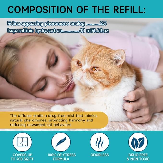 Woyamay Cat Calming Diffuser - Cat Pheromones Calming Diffuser for Cat Anxiety Relief 6-in-1 Cat Pheromone Diffuser Kit with 2 Diffuser + 4 Refill 48ml Vial - 120 Days Pheromone Diffuser to Calm Cats